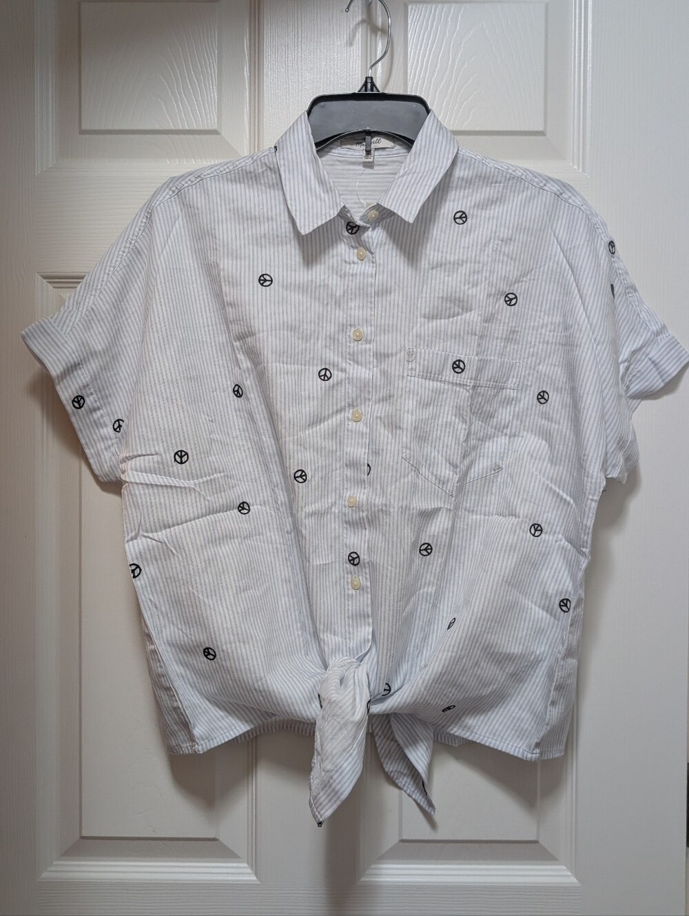 NWT Madewell Embroidered Peace Tie-Front Shirt Size Small S Blue White Stripe